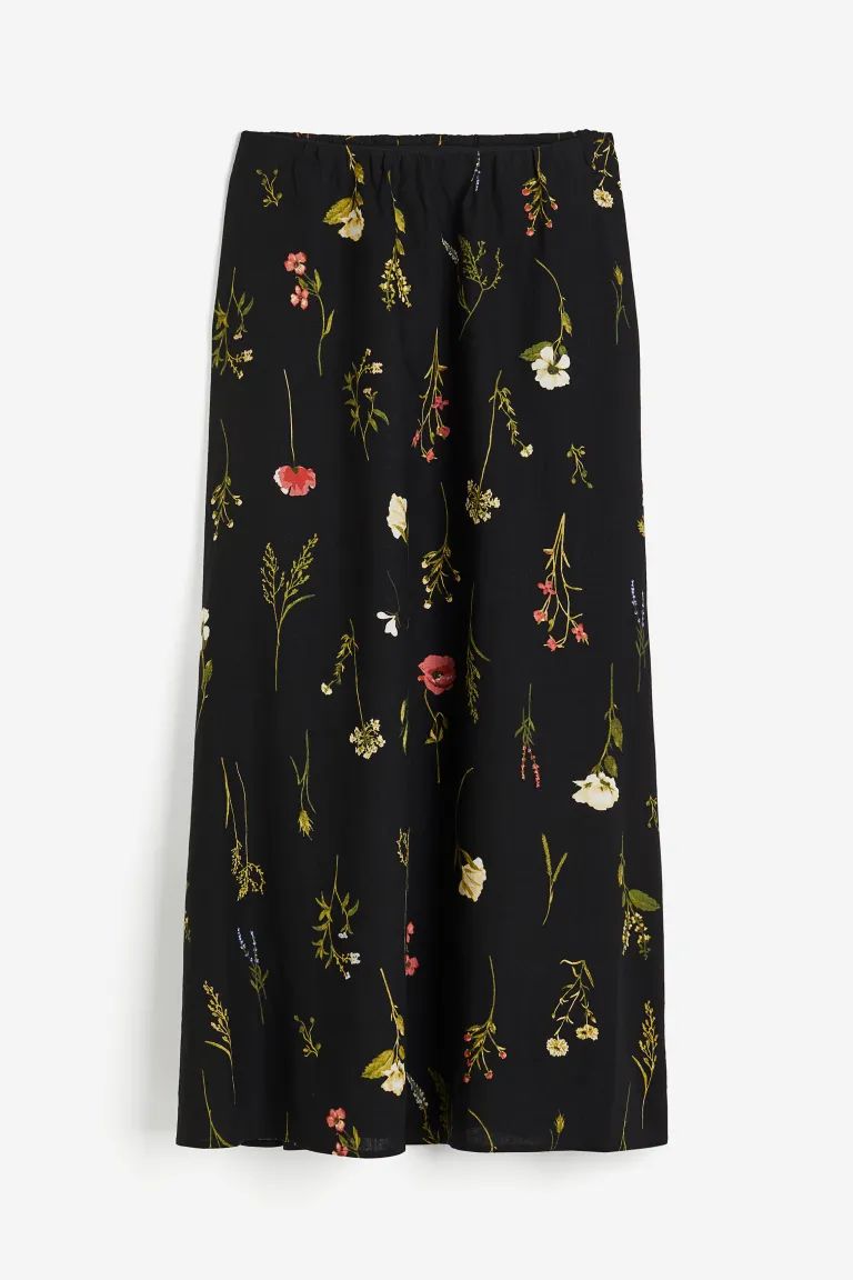 Linen-blend Maxi Skirt - Black/floral - Ladies | H&M US | H&M (US + CA)