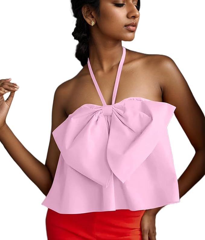 Women Halter Self Tie Sleeveless Backless Strapless Bow Knot Ruched Solid Loose Swing Sexy Tube T... | Amazon (US)