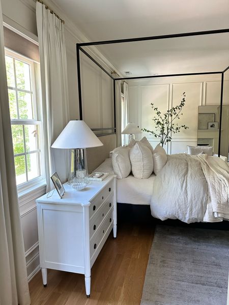 These are exact items in our bedroom. We painted our nightstands white, but you can see them linked below with the wood finish. ✨ the curtains and rods are custom.✨