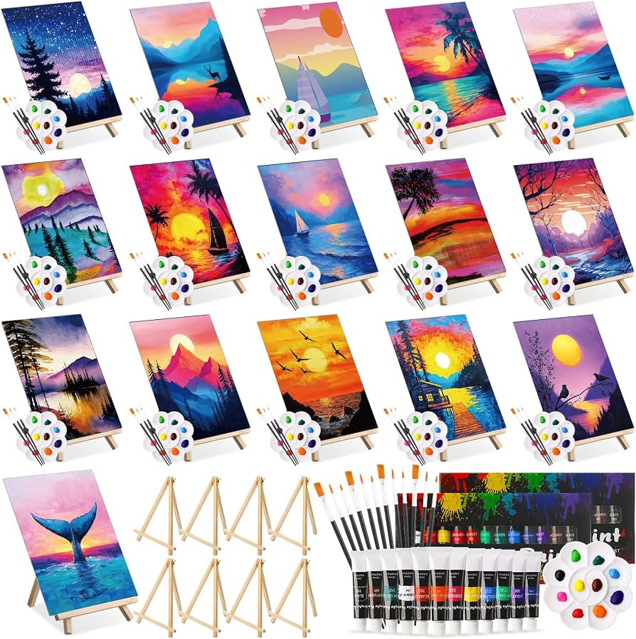 Cholemy 99 Pcs 16 Set Sip and Paint Kit for Adults 8"x 10" Pre Drawn Canvas Painting with Wooden ... | Amazon (US)