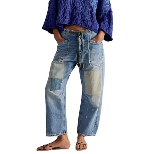 Yoawdats Y2k Baggy Barrel Jeans Women Drawstring Low Rise Wide Leg Boyfriend Patchwork Jeans Casu... | Amazon (US)