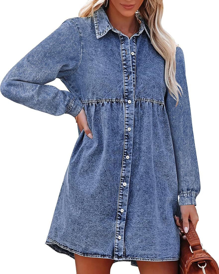 luvamia Denim Dress for Women Babydoll Flowy Cute Jean Shirt Dresses Long Sleeves | Amazon (US)