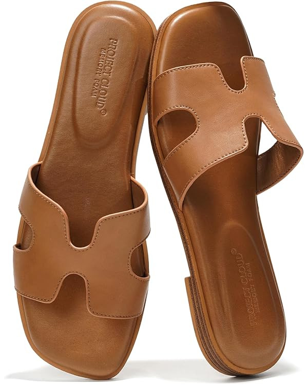 Fashion Flat Summer Sandals for Women 2024 - Leather Womens Sandals Comfortable Memory Foam Slide... | Amazon (US)