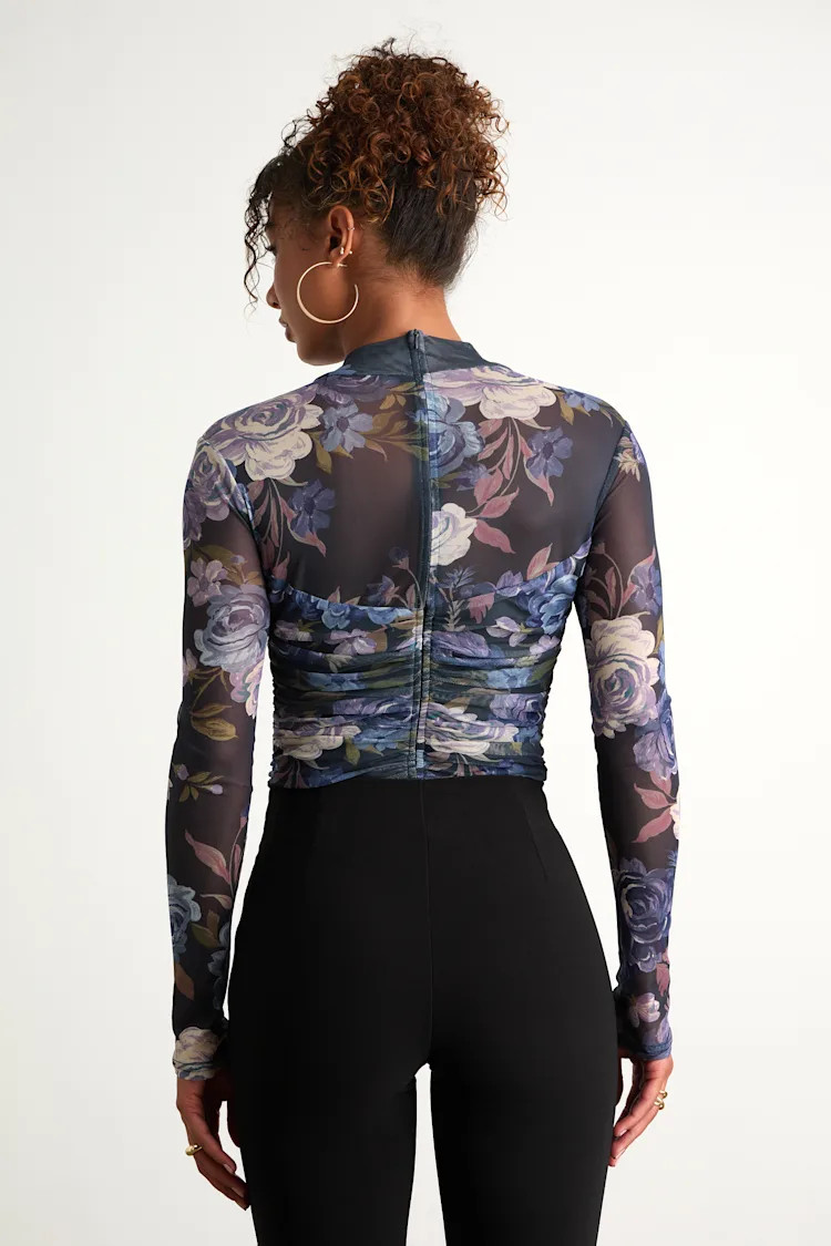 Clearly Alluring Blue Floral Mesh Long Sleeve Mock Neck Bodysuit | Lulus