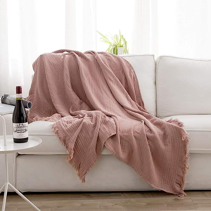 Natural Wrinkled Cotton Throw Blanket for Bed, Couch, Knit Woven with Tassels Soft Lightweight Co... | Amazon (US)