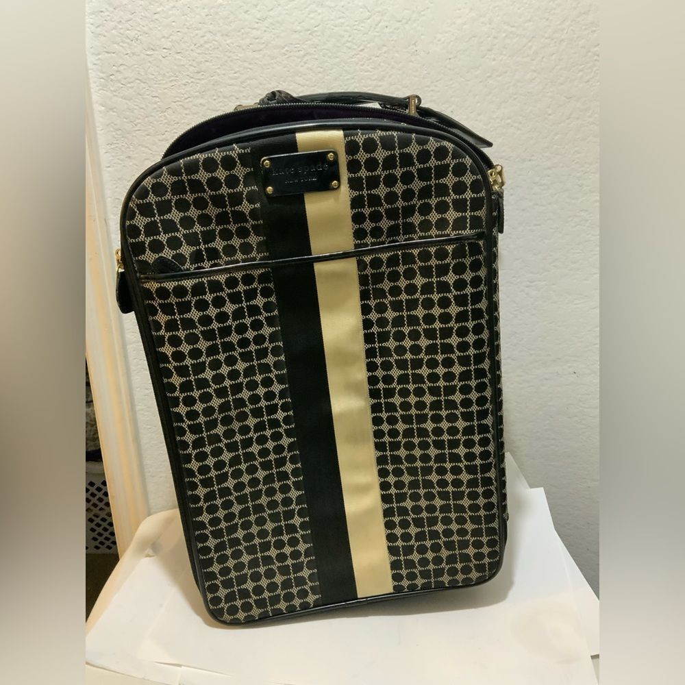 Kate Spade New York Cabin Rolling Luggage carry-on, black canvas rolling suitcase with patent trim