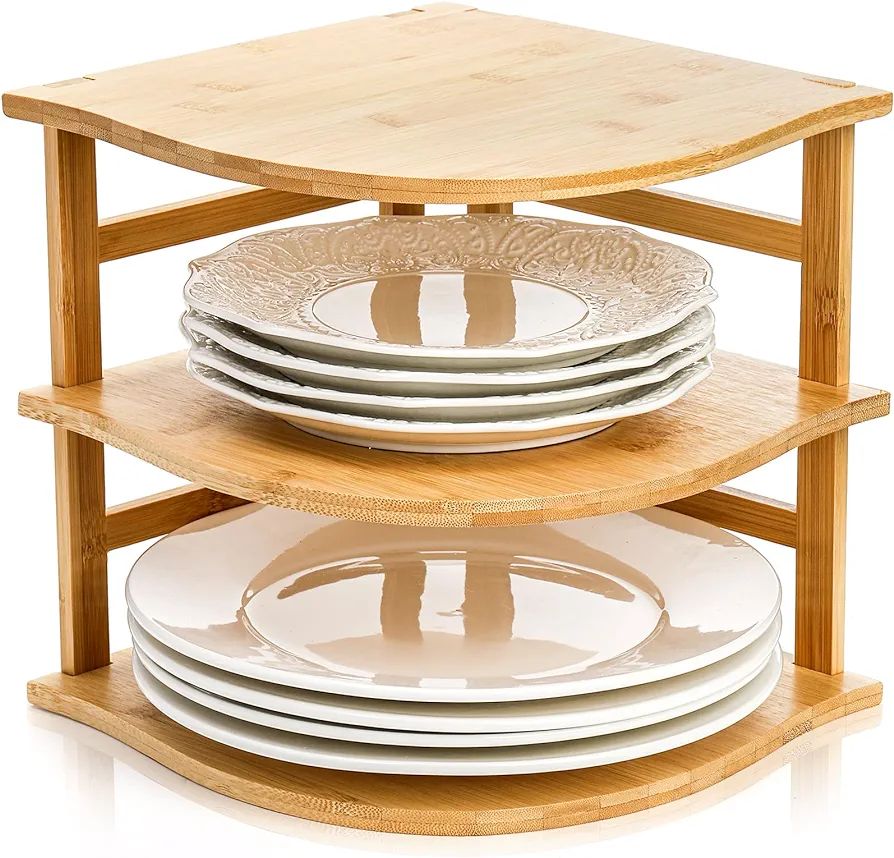 Goaste 3-Tier Bamboo Corner Shelf, Kitchen Countertop Storage Organizer, Cabinet Plate Rack for P... | Amazon (US)