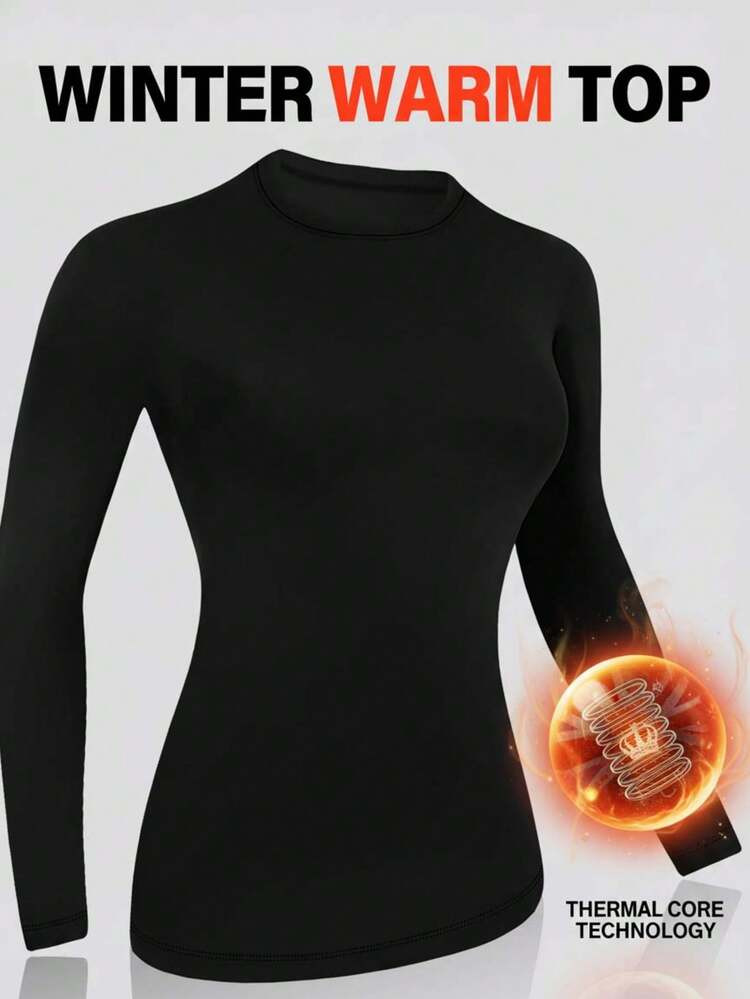 1pc Black Thick Thermal Lined Turtleneck Long Sleeve Slim Fit Base Layer Top, Autumn/Winter | SHEIN