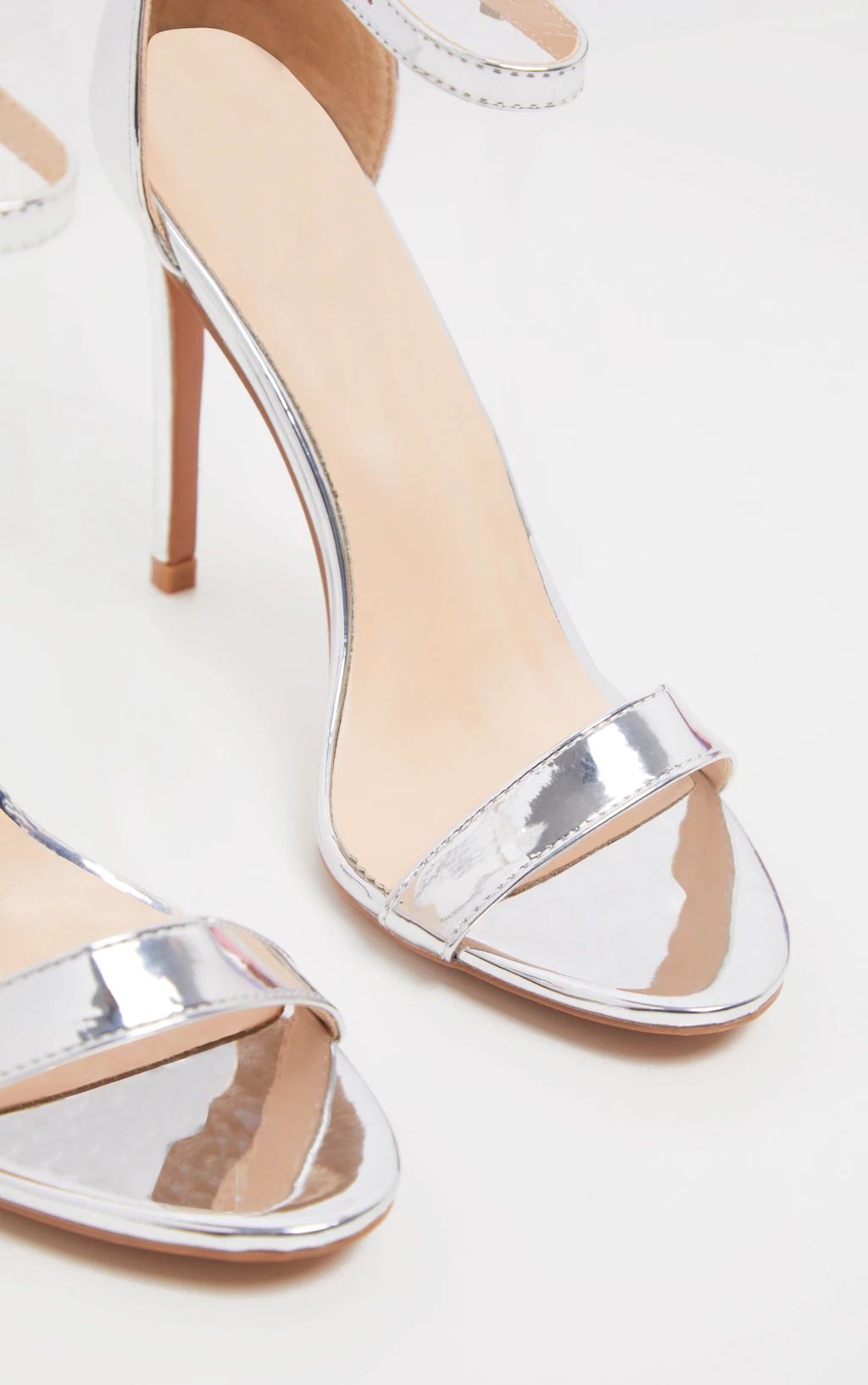 Clover Silver Metallic Strap Heeled Sandals | PrettyLittleThing US