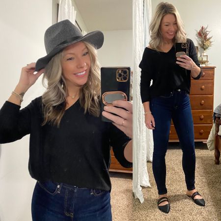 Style tip: Just add a hat for instantly Instagram-worthy pics- at least it makes me feel that way!! 🤓Time and Tru Walmart V neck waffle tunic, so cute slouched off the shoulder - wearing a small. Free assembly high rise dark wash skinny jeans size 6 and a floppy felt fedora. Just wearing some cute strappy backless flats that are Journee brand. 

#LTKunder50 #LTKstyletip #LTKSeasonal