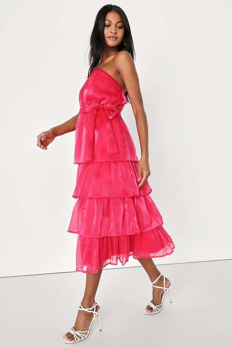 Sweetest Success Hot Pink Organza Tiered One-Shoulder Midi Dress | Lulus (US)