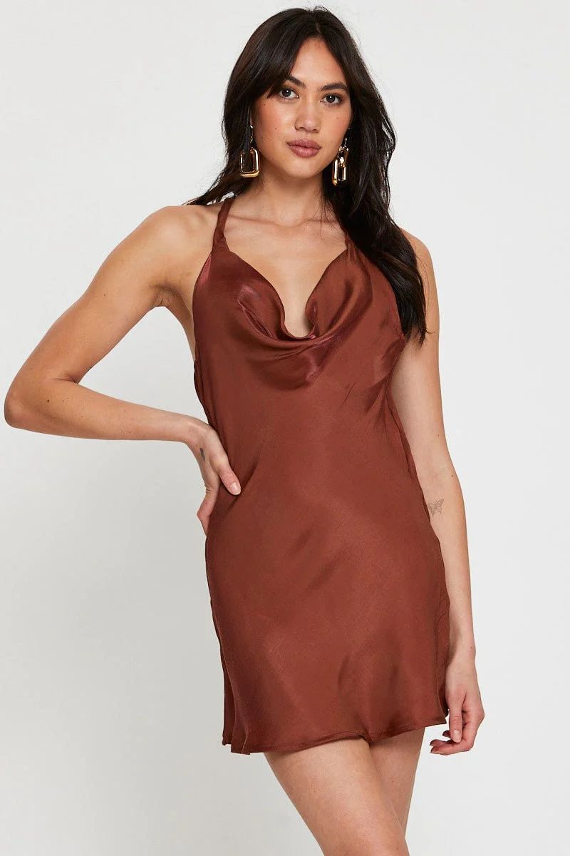 Women’s Brown Mini Dress Cowl Neck Satin | Ally Fashion | Ally Fashion (US, Australia & New Zealand)