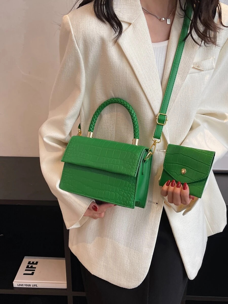 Mini Crocodile Embossed Weave Detail Flap Square Bag With Coin Purse SKU: sg2212032904995511(1 Re... | SHEIN
