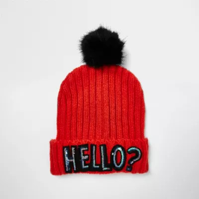 Bright red sequin slogan bobble hat | River Island (UK & IE)