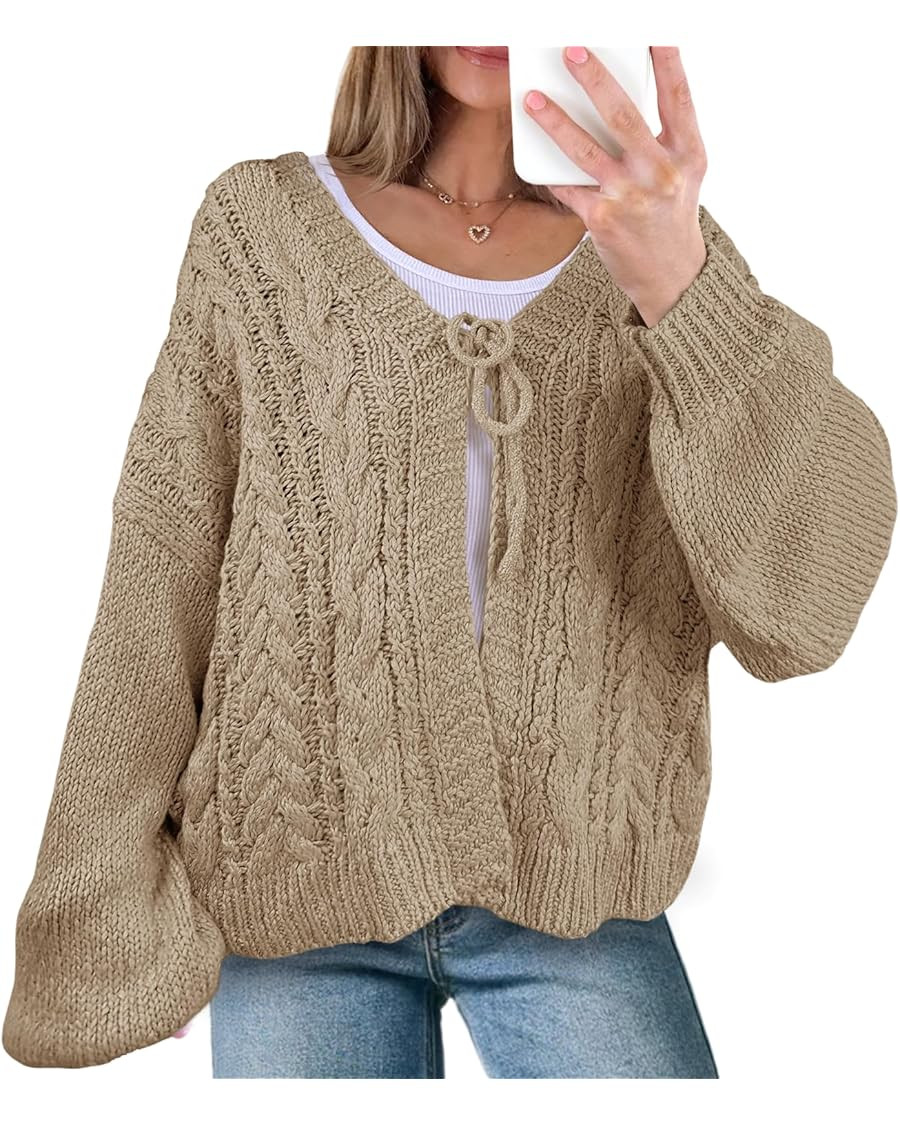 Saodimallsu Womens Tie Front Cardigan Sweaters Cable Knit V Neck Lantern Long Sleeve Casual Loose... | Amazon (US)