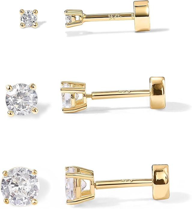 PAVOI 14K Gold Plated Solid 925 Sterling Silver Post Cubic Zirconia Stud Flat Back Earrings for W... | Amazon (US)