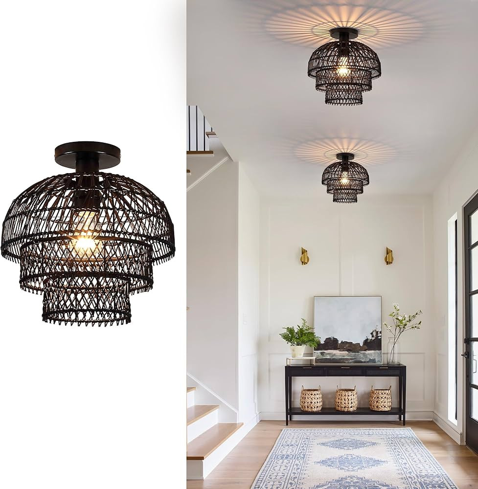 Hermasgi 12inch Rattan Semi Flush Mount Ceiling Light,Boho Light Fixture with Black Tiered Wicker... | Amazon (US)