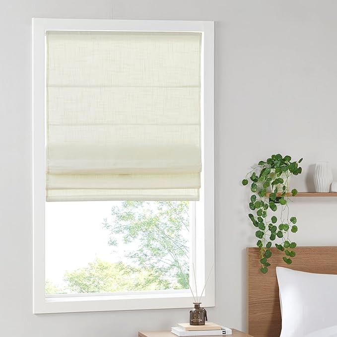 Madison Park Kyler Cordless Roman Shades - Single Panel, Lightweight Linen Blend Fabric, Natural ... | Amazon (US)
