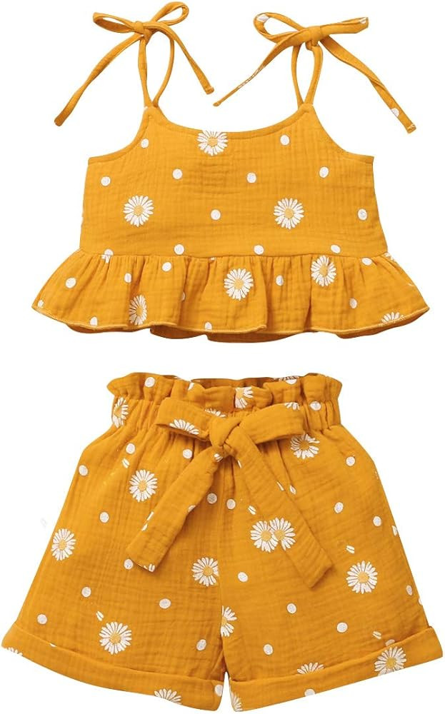 Toddler Baby Girl Summer Clothes Daisy Floral Print Halter Ruffle Tank Tops Shorts Outfits set | Amazon (US)