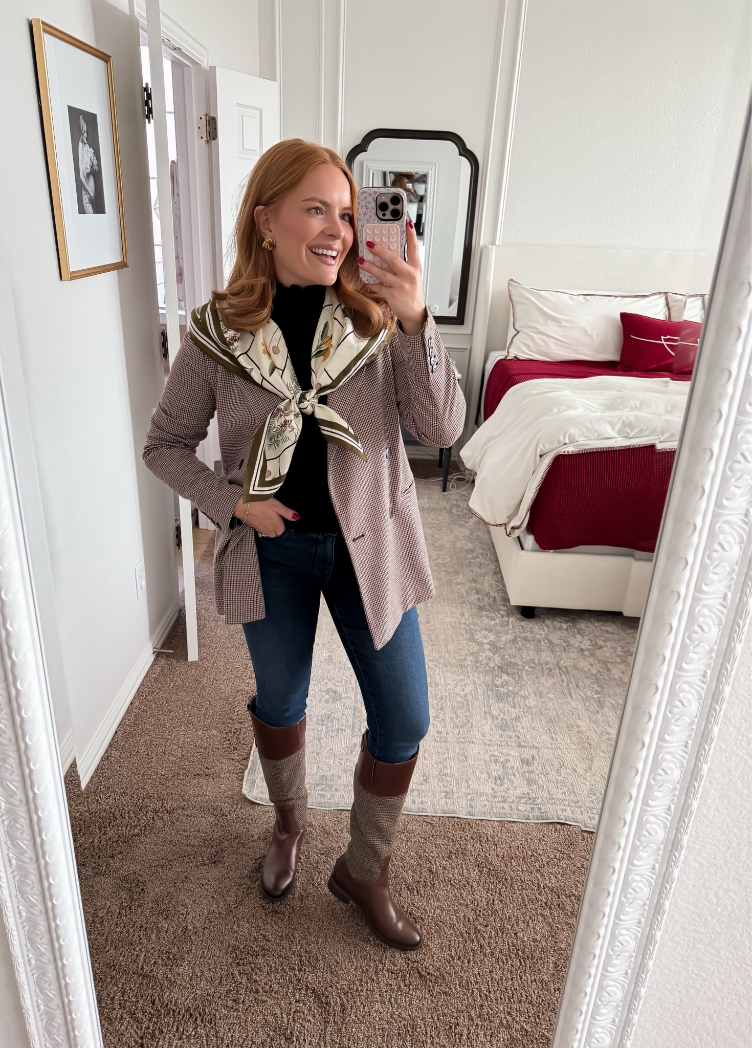 Elevated business casual outfit with a tailored blazer, scarf, dark jeans, and knee-high boots. Perfect for casual office environments, client lunches, or everyday workwear that still feels polished.

#LTKmorningroutine #LTKWorkwear #LTKmomlife
