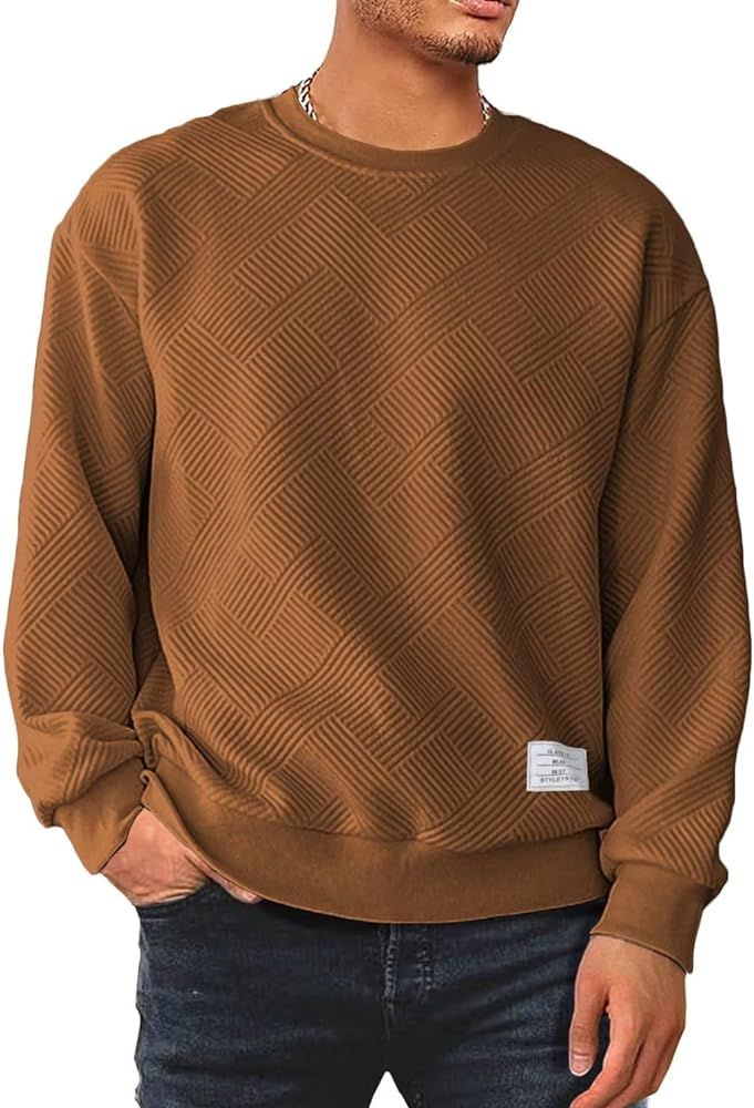 Men's Crewneck Sweatshirts Soild Color Geometric Texture Long Sleeve Casual Pullover Shirt | Amazon (US)