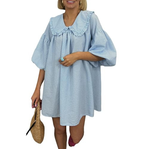 Generic Women's Cute Babydoll Dresses Plaid Print Casual Puff Sleeve Ruffle Hem Doll Collar Loose Pleated Mini Dress for Summer (Blue, L), Large | Amazon (US)