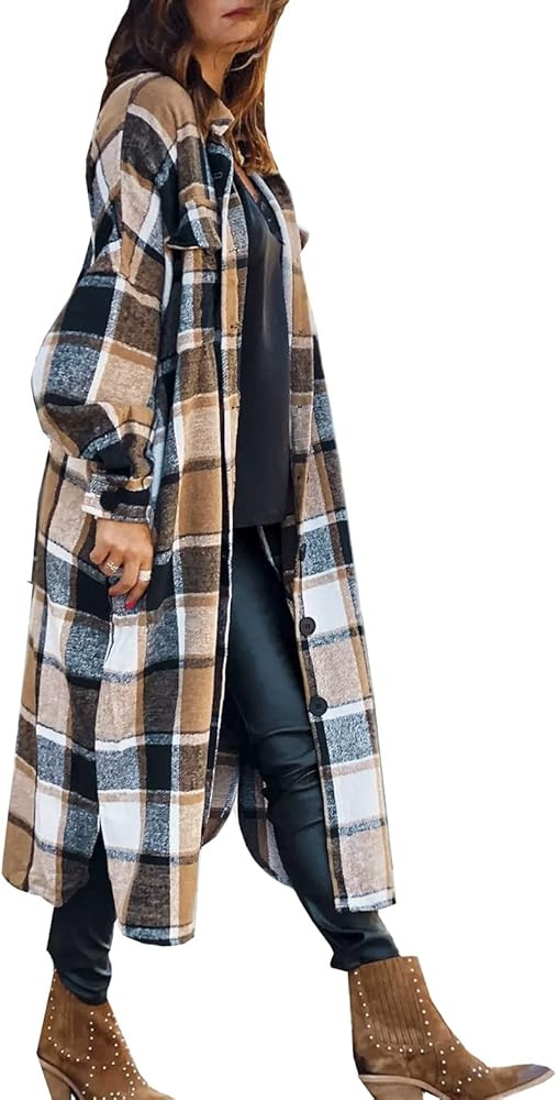 SKIKYAN Women Fall Flannel Plaid Shacket Jacket Oversized Button Down Long Shirt Jacket | Amazon (US)
