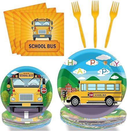 gisgfim 96 Pcs School Bus Party Plates and Napkins Party Supplies Back to School Birthday Party T... | Amazon (US)