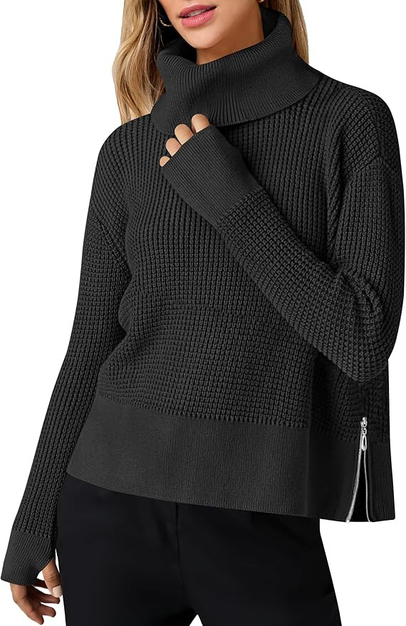 ANRABESS Womens Turtleneck Long Sleeve Sweaters Waffle Knit Casual Side Zipper Pullover Tops Thum... | Amazon (US)