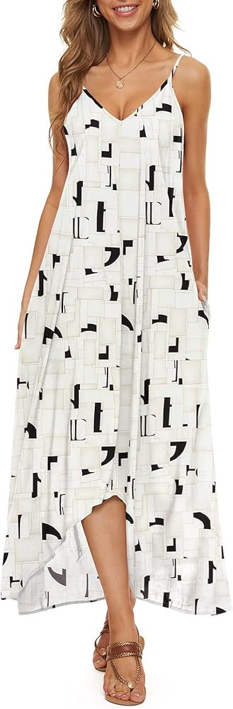 LILBETTER Women V-Neck Polka Dot Print Spaghetti Strap Boho Long Maxi Dresses | Amazon (US)