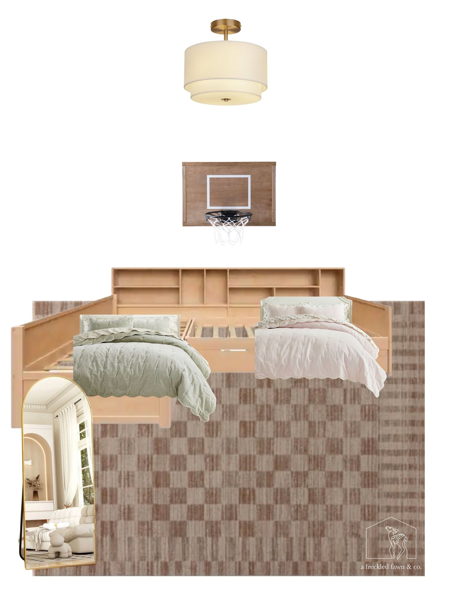 Teenage girl bedroom ideas. Checkered rug, scalloped edge bedding, neutral wall basketball hoop, gold ceiling light, gold arched floor mirror, L shaped bed

#LTKHome