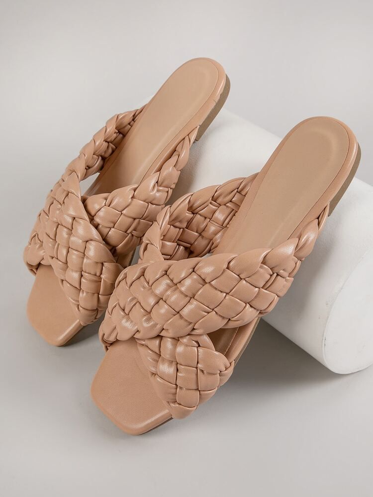 Braided Faux Leather Square Toe Slip-On Sandals | SHEIN