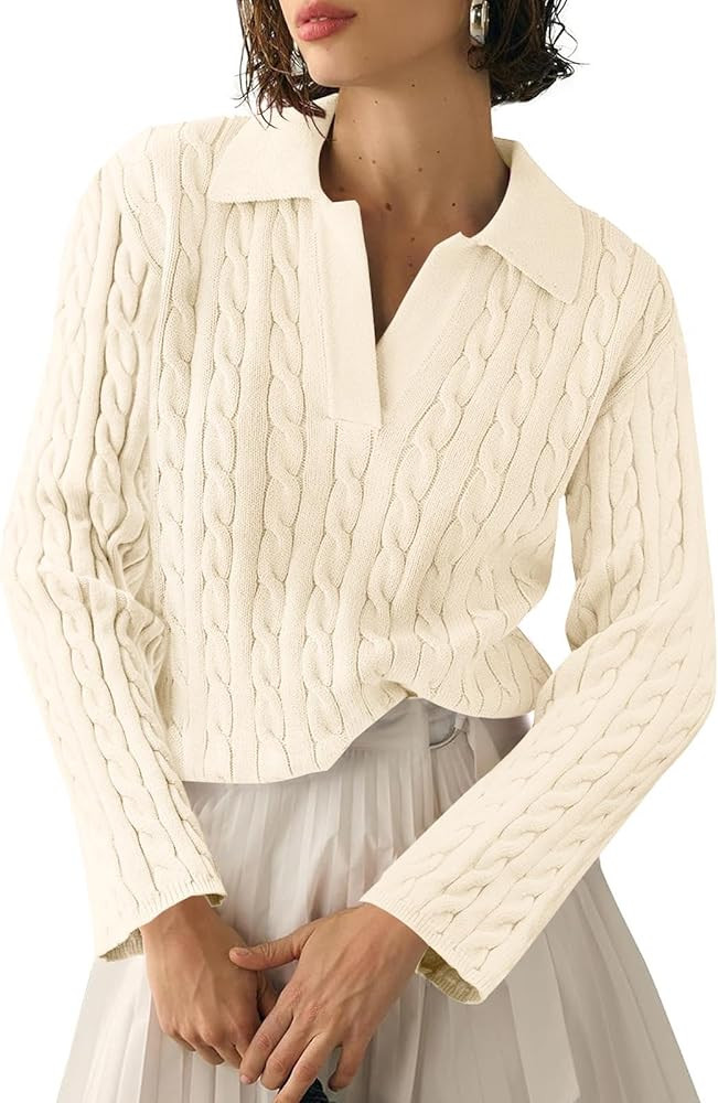 Saodimallsu Womens Cable Knit V Neck Sweater Fall Trendy Collared Long Sleeve Slouchy Loose Pullo... | Amazon (US)