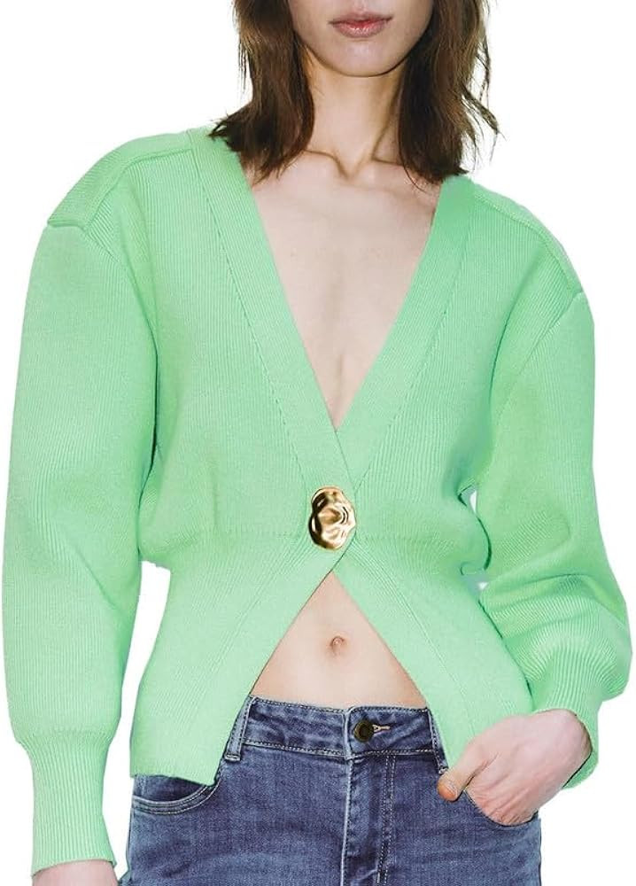 URBAN REVIVO Women Knitted Cardigans Long Sleeve V-Neck Lightweight Sweater One Leaf Button Down ... | Amazon (US)