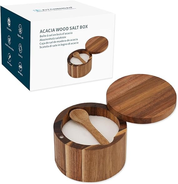KITCHENDAO Acacia Wood Salt Cellar Bowl Box with Built-in Spoon to avoid Dust, Elegant Kitchen Sa... | Amazon (US)