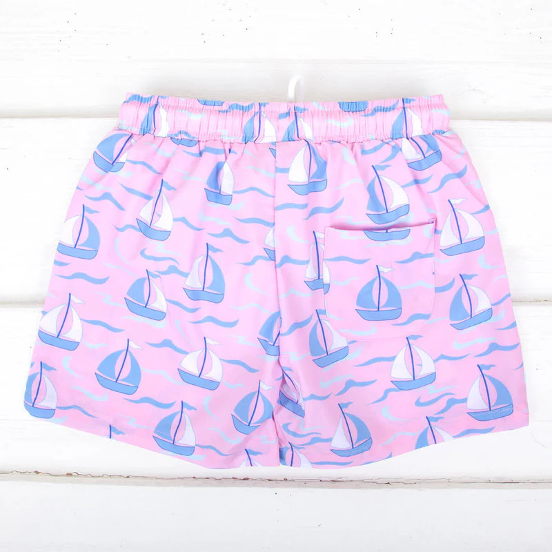 Pink And Blue Sailboat Print Swim Trunks | Classic Whimsy