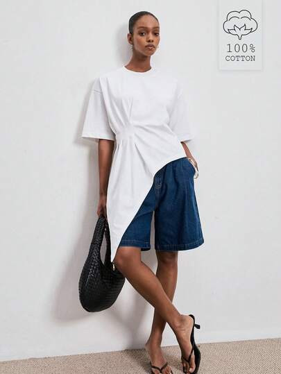 ATUI Studio Minimalist White Asymmetrical Short Sleeve T-Shirt, Loose Silhouette Comfortable Spli... | SHEIN