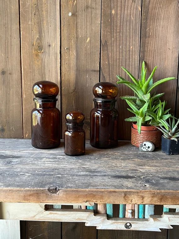 Three Amber Glass Apothecary Bottles Jar - Etsy | Etsy (US)