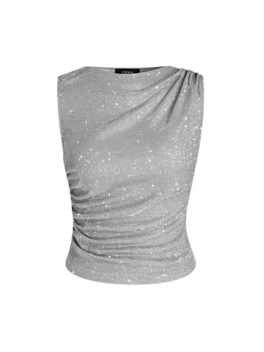 CIDER Round Neck Ruched Glitter Asymmetrical Tank Top: Silver, S | Amazon (US)