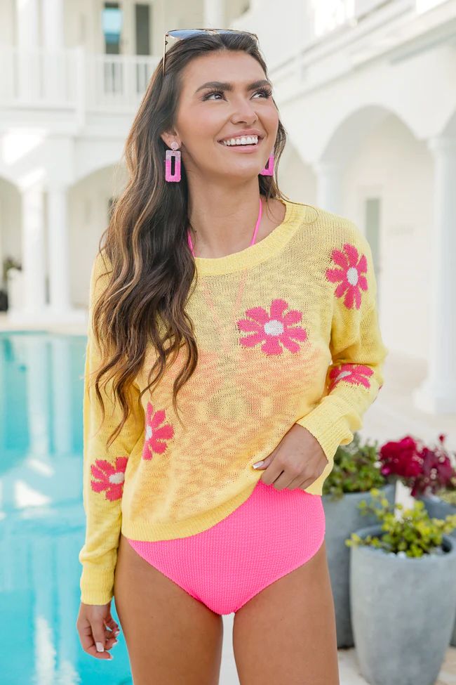 Oops-A-Daisy Yellow and Pink Daisy Print Sweater | Pink Lily