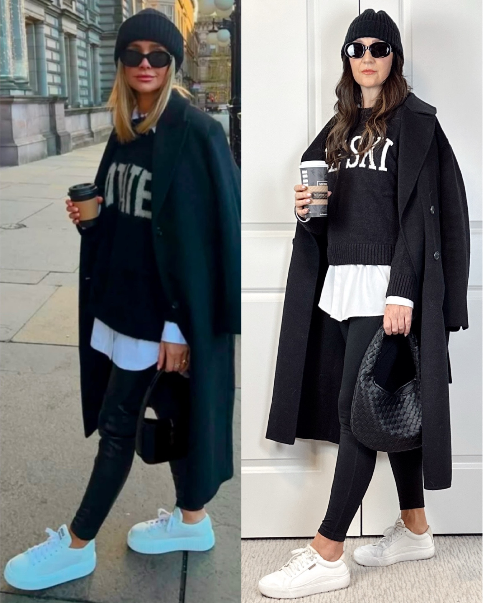 Pinterest inspired black and white winter outfit! 
I’m 5’ 7” wearing my usual size S in the graphic sweater, coat and fleece lined leggings and I sized up to a men’s size 16” neck 32-33” sleeves for an oversized fit.
Sneakers fit tts and are so comfortable. 
Also linked my beanie (the pompom is removable), bag and sunnies.


#LTKItBag #LTKStyleTip #LTKShoeCrush