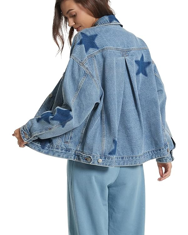 D-Sun Women Casual Denim Jacket Oversized Leopard Stars Printed Boyfriend Vintage Jean Jacket Coa... | Amazon (US)
