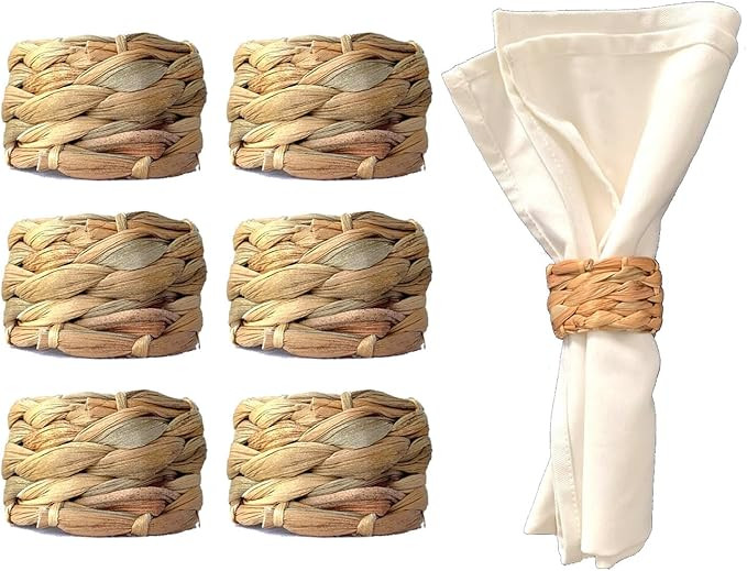 Set 6 Woven Water Hyacinth Napkin Rings | Rustic Boho Wicker Napkin Holders | Natural Farmhouse R... | Amazon (US)
