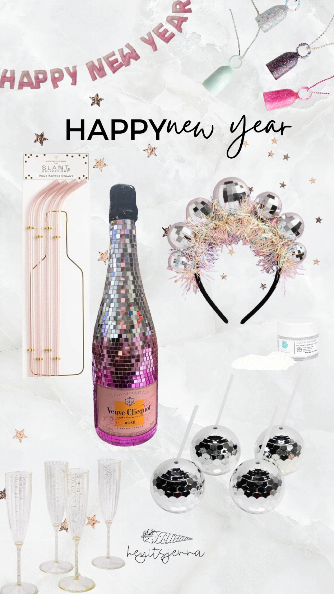 New Year’s Eve party decor and must haves 
Disco headband and champagne glitter 
Etsy disco champagne bottle fancy 