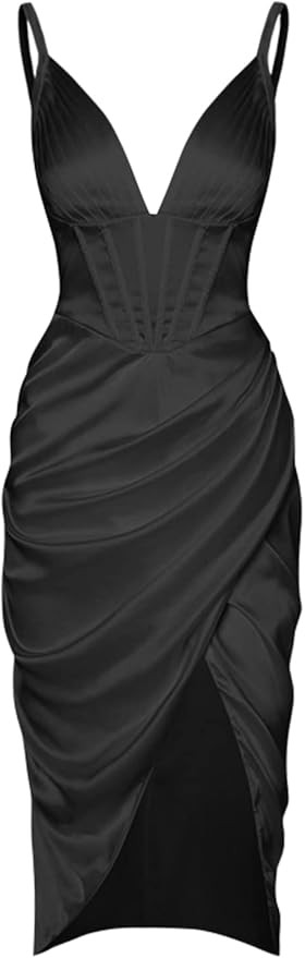 ZAFUL Women's Silky Pleated Draped Bustier Corset-Style Deep V Neck Midi Dress | Amazon (US)