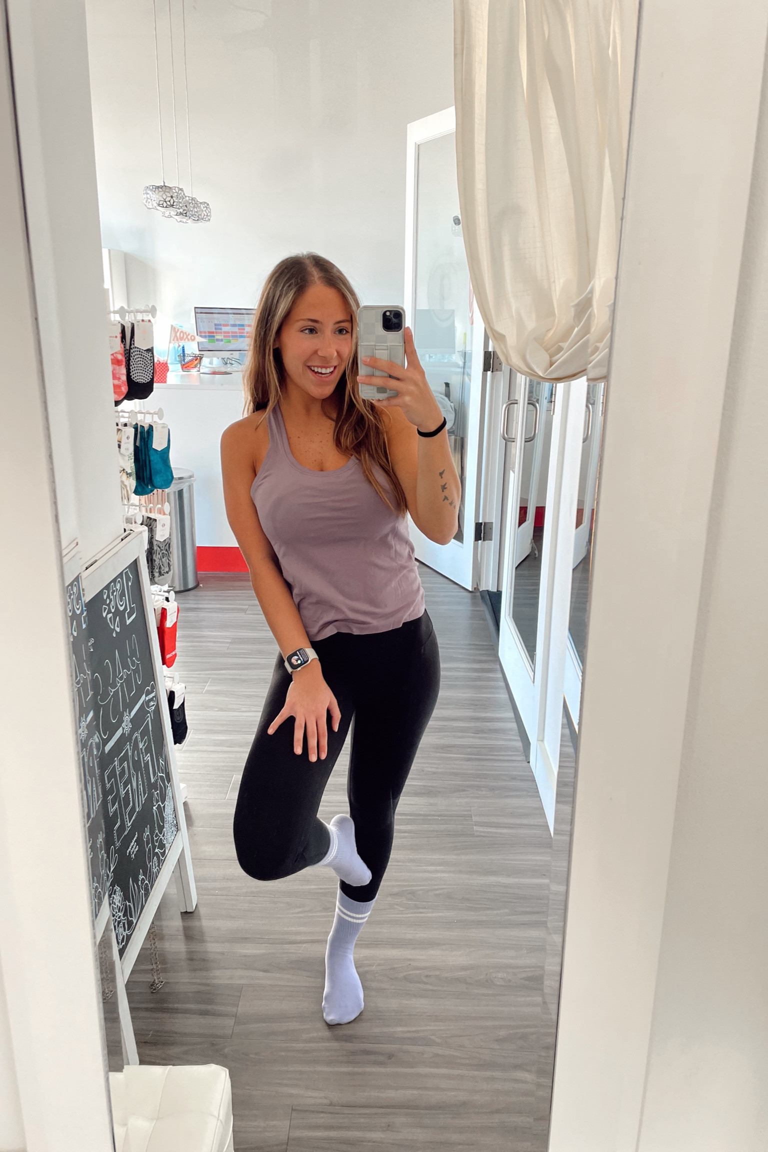 Fitness outfit! 
I couldn’t find the exact purple color, but tagged the same style with other color options ❤️ love the red option available! 

Gym clothes. Pilates outfit. Barre outfit. Lululemon. Lulu align. Red workout clothes  