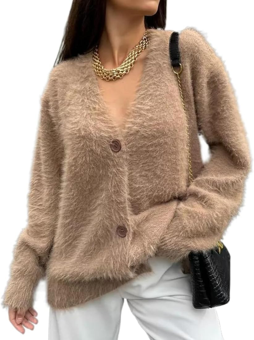 Mohair Sweater Fuzzy Cardigans for Women Button Up Cardigan Oversized Work Sweaters Trendy Old Mo... | Amazon (US)