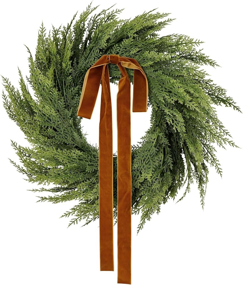 Christmas Wreaths for Front Door 22 Inch Real Tounch Artificial Cedar Pine Wreath with Velvet Bow... | Amazon (US)