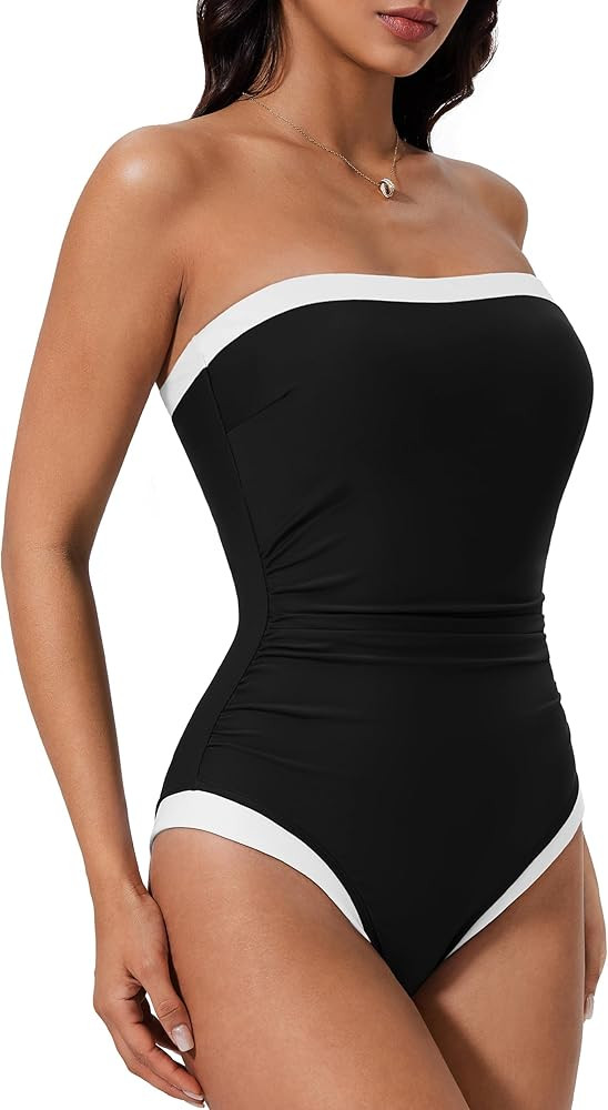SUUKSESS Women One Piece Tummy Control Swimsuit Strapless Bandeau Bathing Suit | Amazon (US)