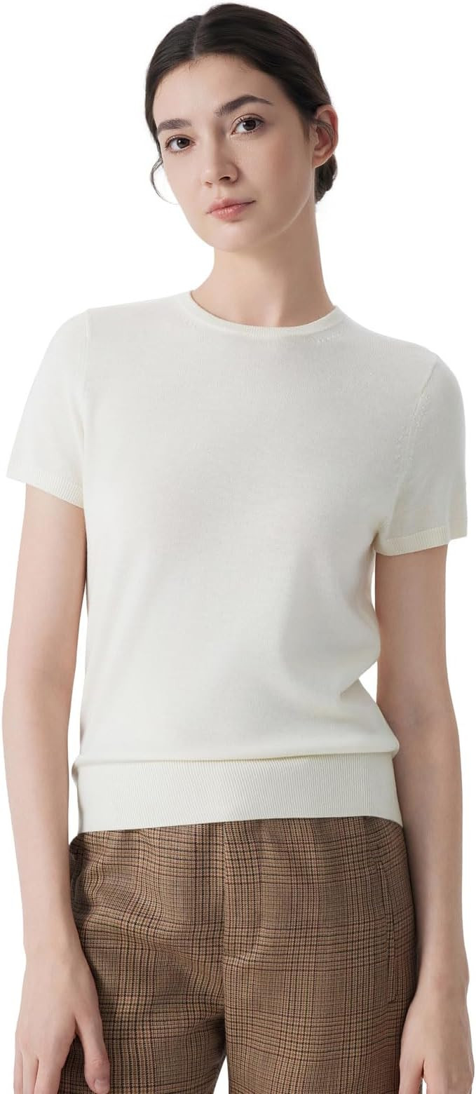 SUUKSESS Women Silk Cashmere Blend Crew Neck Short Sleeve Sweaters Casual Blouse | Amazon (US)